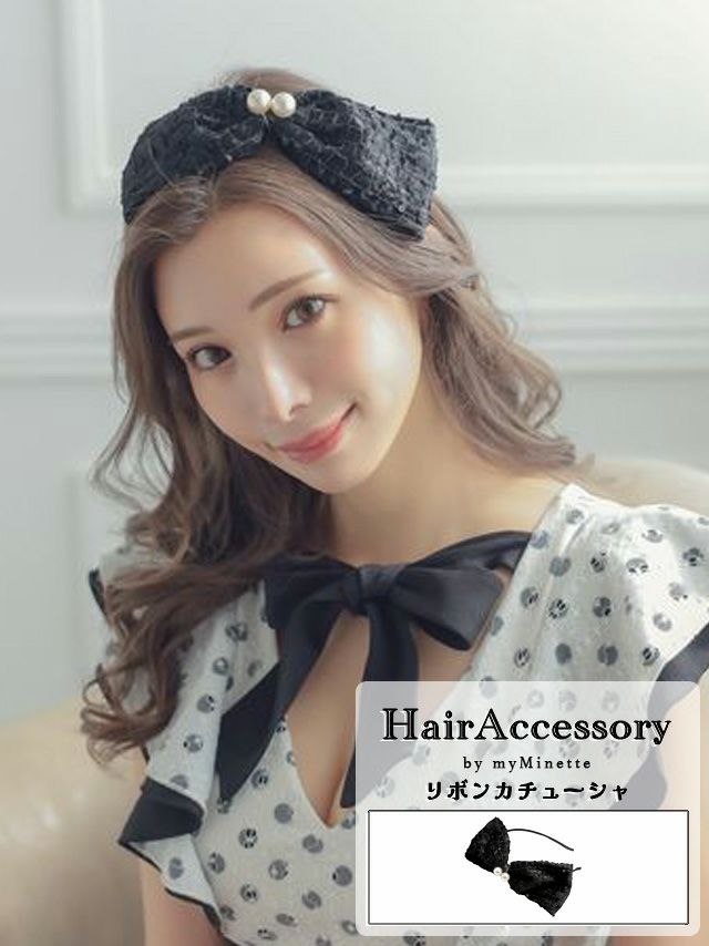 ヘアアクセ 髪飾り 結婚式 二次会 お呼ばれ myMinette マイミネット パール付きクロコ柄ベロアビッグリボンカチューシャヘアアクセサリー