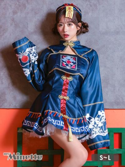 コスプレ 3点set サテンロングスリーブガーリーAラインキョンシーキャラクター [ワンピース+トップス+帽子](S～L)