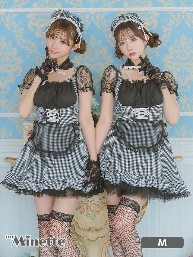 コスプレ ハロウィン メイド服 ミニ丈 衣装 仮装 myMinette マイミネット ブラックレース×ギンガムチェックロリータメイド