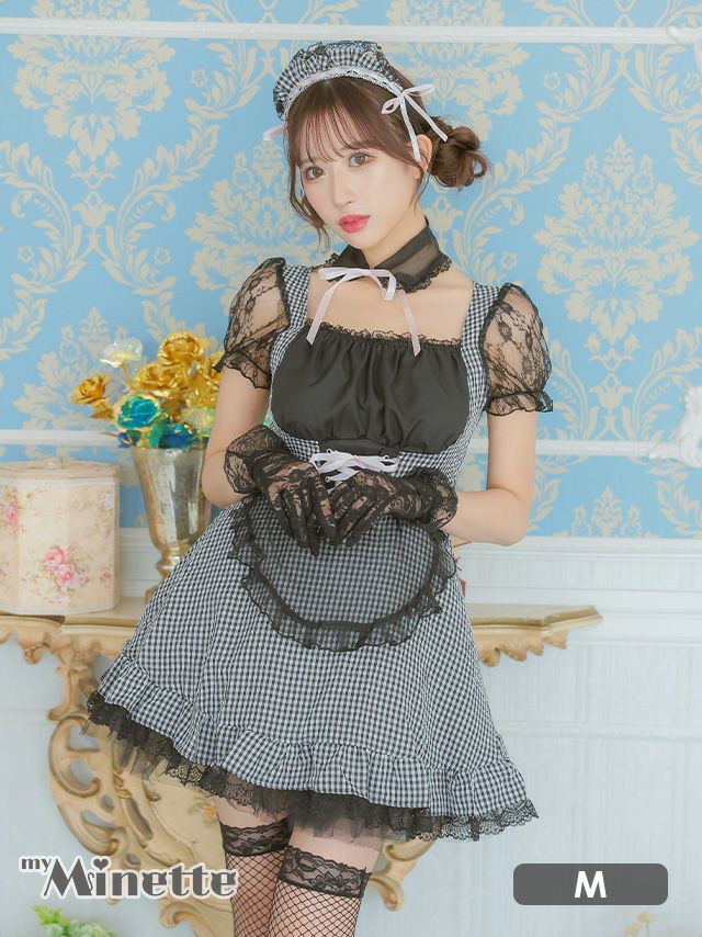 コスプレ ハロウィン メイド服 ミニ丈 衣装 仮装 myMinette マイミネット モノトーンギンガムチェックシアーレースロリータメイド