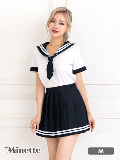 [再入荷]コスプレ ダブルライン半袖ネクタイプチプラガーリーセーラー制服 [3点セット] (トップス/スカート/ネクタイ)