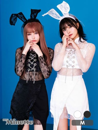 コスプレ チェーンレースアップシアーセットアップセクシーペアバニー [5点セット] (レースワンピース/ビスチェトップ/スカート/インナーパンツ/カチューシャ)