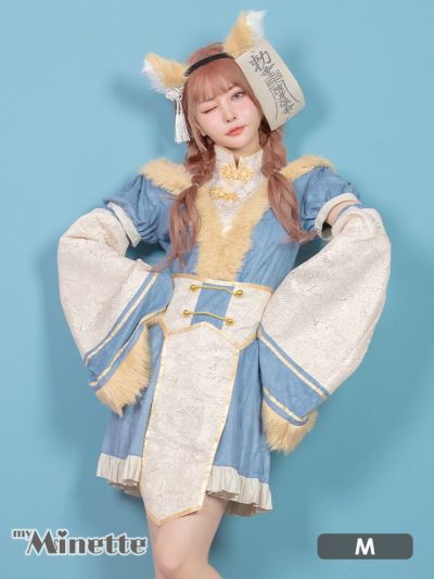 コスプレ お札付きスウェードファーガーリーキョンシー狐アニマル [6点セット] (ワンピース/コルセット/付け袖/カチューシャ/お札/しっぽ)