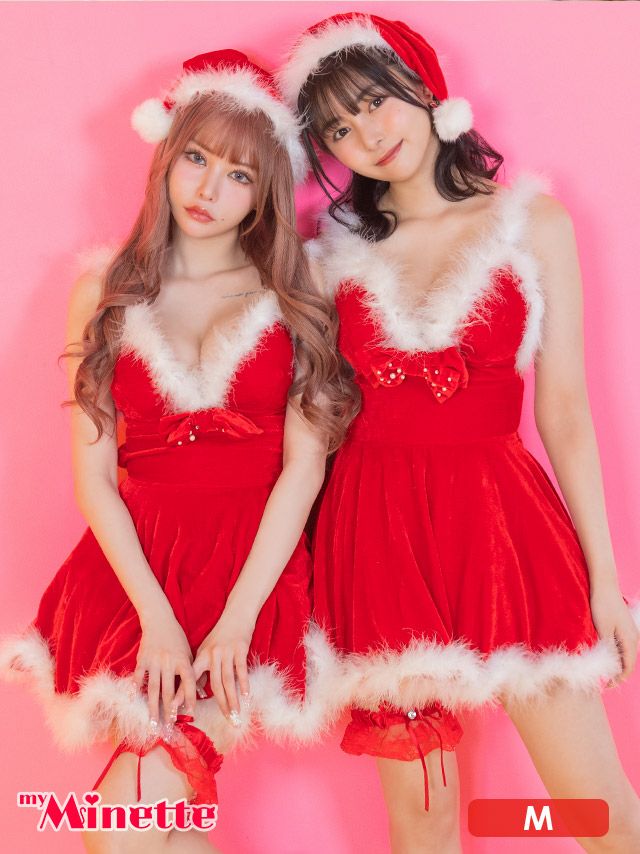 コスプレ サンタ クリスマス 衣装 仮装 サンタクロース 赤 サンタコス 4点set フェザー フロント リボン付き バックオープン フレア サンタコスプレ