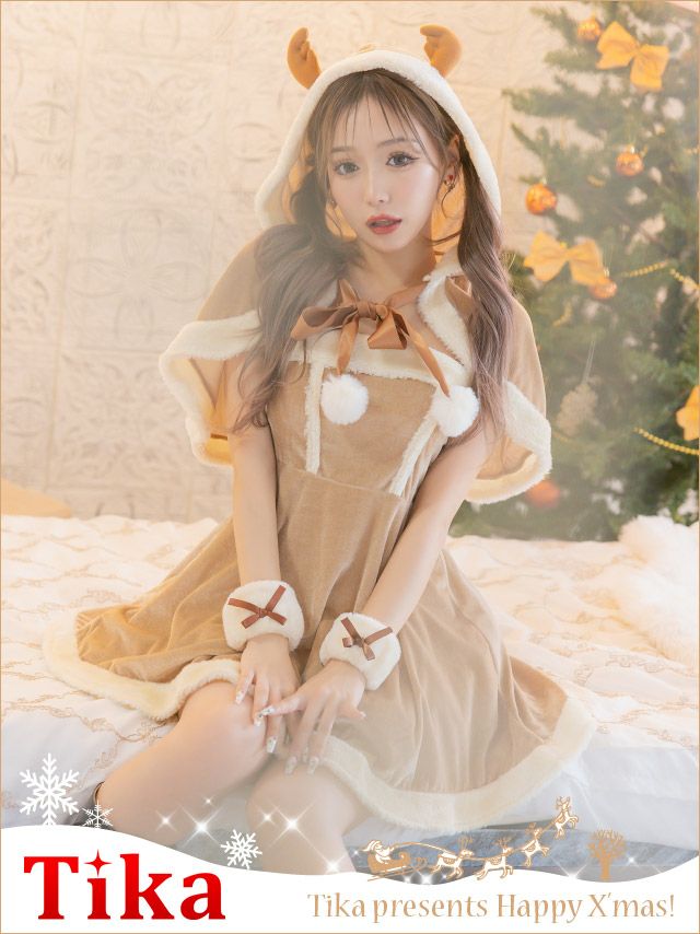 コスプレ サンタ クリスマス 衣装 仮装 鹿 myMinette マイミネット ベアトップミニワンピ＆ツノ付きケープボアトナカイアニマルサンタコスプレ