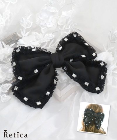 ストーンビジュー付きレースフリルパイピングリボンバレッタヘアアクセサリー【ネコポス対応可350円】