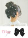 ヘアアクセ バレッタ 髪飾り ヘアアレンジ ヘアアクセサリー クリップ リボン 大きめ ガーリー 黒 myMinette マイミネット ストーンビジュー付きフリルパイピングリボンバレッタヘアアクセサリー