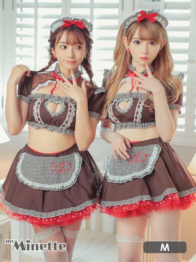 コスプレ メイド服 仮装 衣装 お化けの日 myMinette マイミネット ランジェリー風ペアギンガムチェックヘソ出しフレアスカートメイド