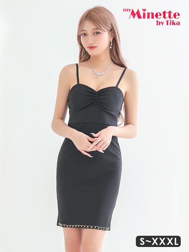 キャミソール裾チェーン付きブラックシンプルタイトプチプラミニドレス