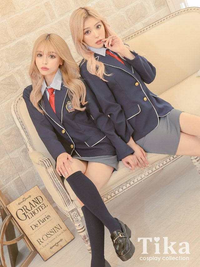 コスプレ ハロウィン 制服 学校 韓国 衣装 仮装 myMinette マイミネット 韓国風 タイトスカート パイピング ペア スクール 長袖 ブレザー 制服