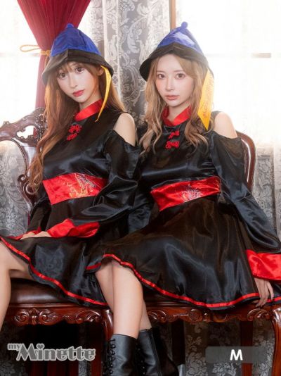 [セール]コスプレ ショルダーカット袖あり体型カバーフレアスカートガーリーペアキョンシー個性キャラクター [3点セット] (ワンピース/帽子/お札)