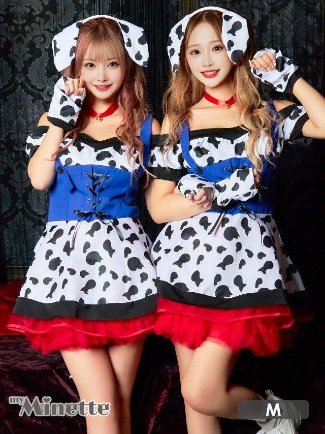 コスプレ ハロウィン ダルメシアン アニマル コス 衣装 仮装 変装 myMinette マイミネット レースアップ サスペンダー風 体型カバー フレアスカート ガーリー ペア ダルメシアン 犬 アニマル