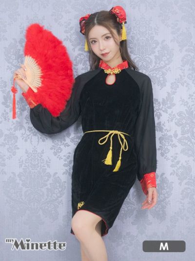[セール]コスプレ シアーパフスリーブ体型カバー長袖ベロアセクシーチャイナ膝丈ドレス [3点セット] (ワンピース/ベルト/お団子カバー)
