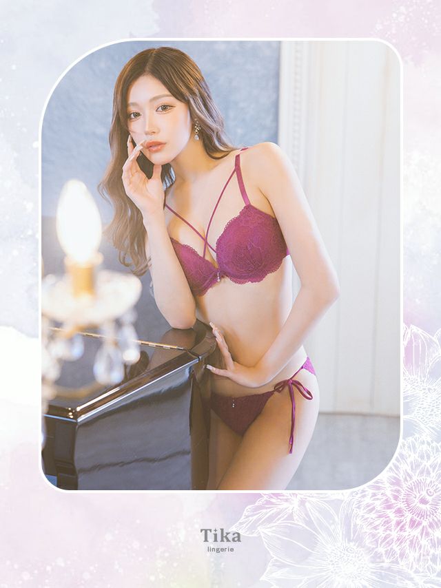 勝負下着 刺繍レースワインカラーマカロニコードブラ＆紐ショーツ2点セット