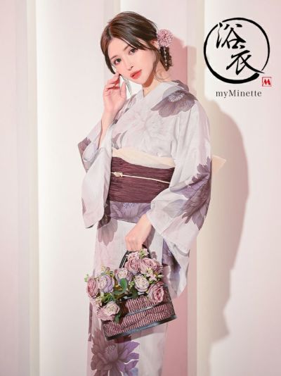 [セール] 浴衣 妖艶 白地×くすみパープル大輪牡丹 ゆかた3点セット (浴衣+兵児帯+下駄)
