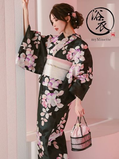 [セール] 浴衣 選べる帯 妖艶 黒緑×椿柄...