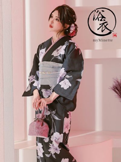 [セール] 浴衣 選べる帯 妖艶 黒地×水彩くすみカラー百合 ゆかた3点セット (浴衣+平帯or作り帯+下駄)