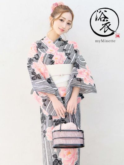 浴衣 レトロ モノトーンボーダー地×大きなフ...