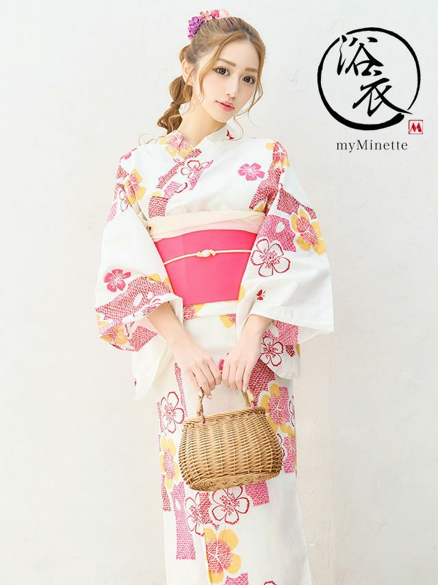 浴衣 ゆかた　yukata myMinette マイミネット レトロ 白地×カラフル桜 ゆかた3点セット