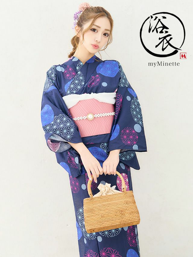 浴衣 ゆかた yukata レトロ 紺地×麻の葉 ゆかた2点セット