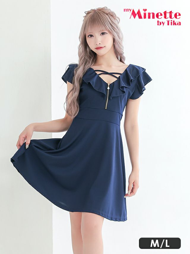 キャバドレス 安い 激安 ミニ丈 キャバクラ クラブ ラウンジ チャーム付き ジップ クロス 胸元フリル 半袖 プチプラ フレア ミニドレス プチプラドレス