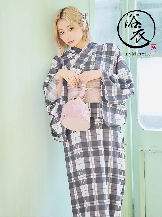 浴衣 ゆかた yukata レトロ ワンピース浴衣 モノトーン×チェック ゆかた3点セット