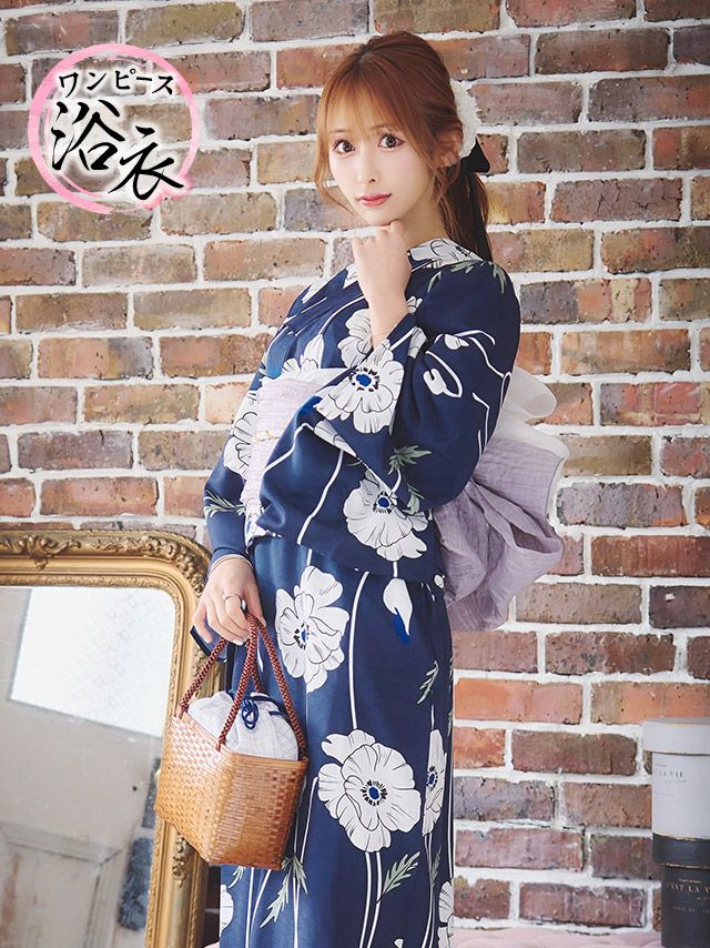 浴衣 ゆかた yukata ワンピース浴衣 紺地×線画ホワイトポピー ゆかた3点セット