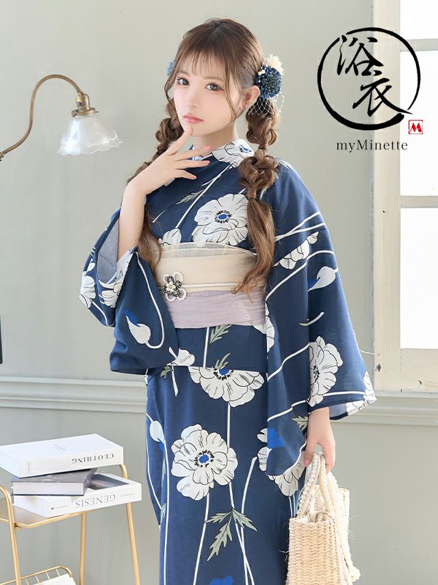 浴衣 ゆかた yukata ワンピース浴衣 ネイビー×線画ポピー ゆかた3点セット