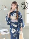 浴衣 ゆかた yukata ワンピース浴衣 ネイビー×線画ポピー ゆかた3点セット