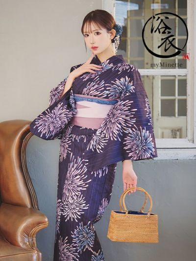 浴衣 選べる帯 レトロ 紺地×ピンク花火 ゆ...