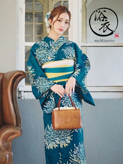 浴衣 選べる帯 レトロ ネイビー地×イエロー...