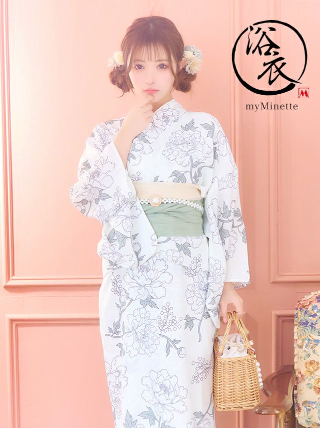 浴衣 ゆかた yukata スウィートクリーム×繊細フラワー ゆかた3点セット myMinette マイミネット ワンピース浴衣 SWEET クリーム地×牡丹 ゆかた3点セット