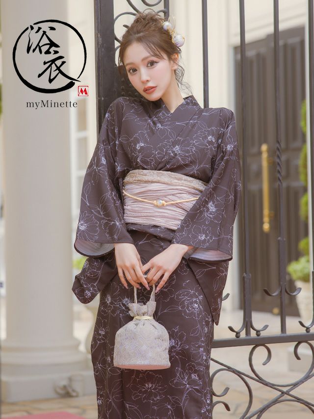 浴衣 レディース セット 兵児帯 myMinette マイミネット レトロ 線画 フラワー モノトーン ゆかた3点セット