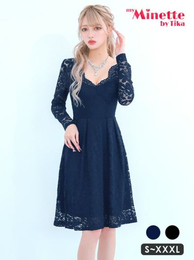 [SALE] 刺繍レース長袖ハイウエスト切替フレアプチプラ膝丈ドレス (Sサイズ～XXXLサイズ)(林姫奈妙/キャバドレス着用)[myMinette/マイミネット]
