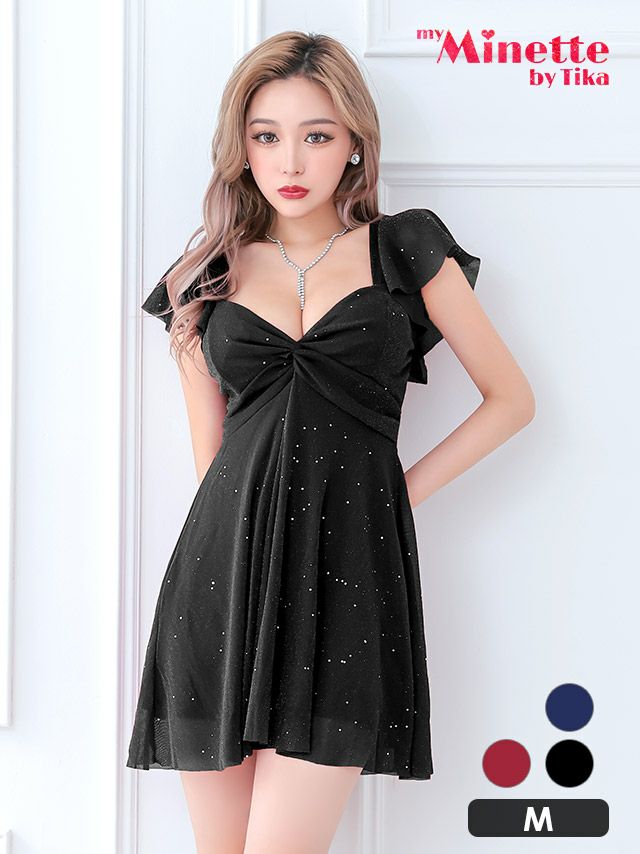 キャバドレス 安い 激安 ミニ丈 キャバクラ クラブ ラウンジ 半袖 キラキラ ストーン シアー フリル袖 プチプラ フレア ミニ ドレス プチプラドレス