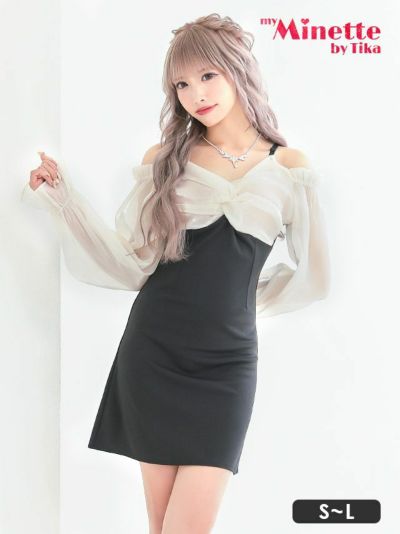 [SALE] バストチュールリボン風オフショルダー長袖プチプラタイトミニドレス (Sサイズ～Lサイズ)(向葵まる/キャバドレス着用)【ネコポス対応可350円】[myMinette/マイミネット]