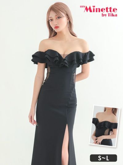 [SALE]2wayオフショルダーくびれシアーサイドスリットタイトロングドレス(Sサイズ~Lサイズ)(林姫奈妙/キャバドレス着用)[myMinette/マイミネット]