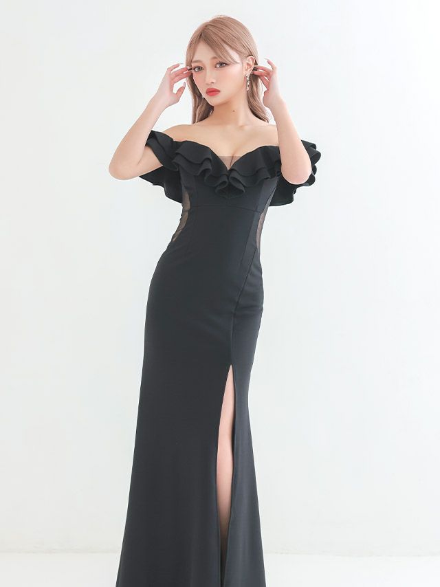 2wayオフショルダーくびれシアーサイドスリットタイトロングドレス