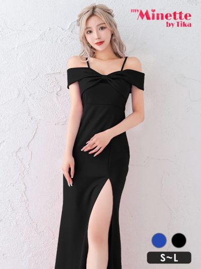 [SALE] スリット入りプチプラオフショルダーフロントリボンタイトロングドレス(Sサイズ～Lサイズ)(せいせい/キャバドレス着用)[myMinette/マイミネット]