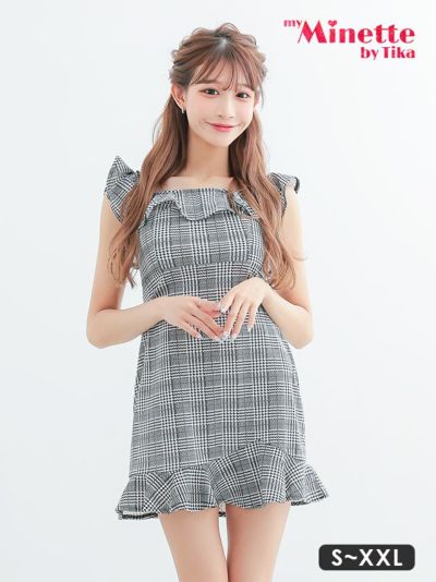 [SALE] 千鳥格子柄ノースリーブフリル袖タイトミニドレス (S～XXLサイズ) (斉藤らな/キャバドレス着用) [myMinette/マイミネット]【ネコポス対応可350円】