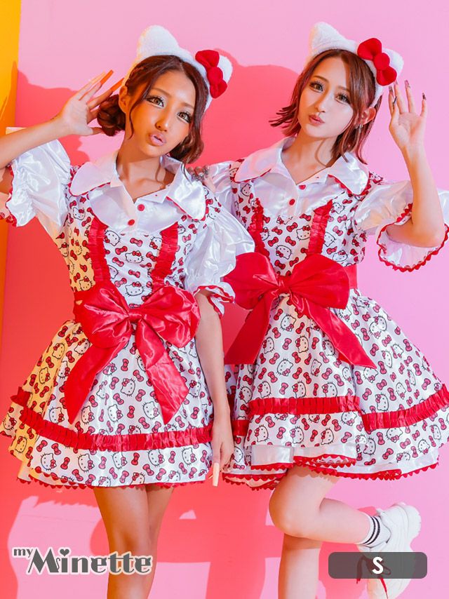 仮装 変装 コスチューム ユニバ ユニバーサルスタジオジャパン USJ myMinette マイミネット コスプレ 袖あり ガーリー 体型カバー フレアスカート インポート ペア ハローキティー キャラクター