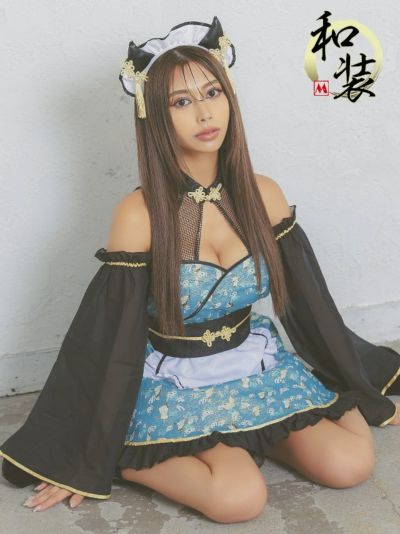 コスプレ フレアスカート付け袖あり個性アニマル鬼和装メイド [4点セット] (カチューシャ/ワンピース/付け袖/帯ベルト)【ネコポス対応可350円】