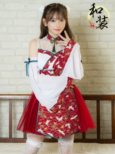 コスプレ 鶴柄付け袖あり体型カバーフレアスカート和装束 [3点セット] (ワンピース/付け袖/ヘアピン)