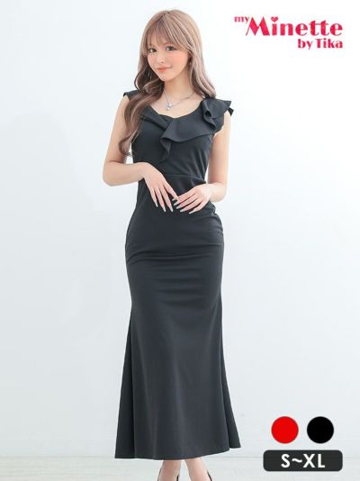 [SALE] ノースリーブフリルプチプラワンカラータイトロングドレス(Sサイズ～XLサイズ)(今井アンジェリカ/キャバドレス着用)[myMinette/マイミネット]