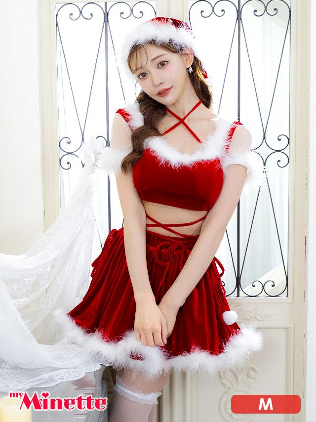  仮装 変装 コスチューム クリスマス myMinette マイミネット サンタコス 3点set ふわふわポンポン付きフェザークロスデザインセパレートフレアスカートサンタコスプレ