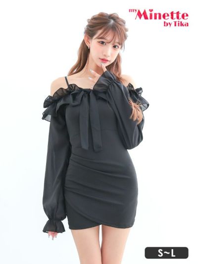 [SALE]長袖肩あき胸元フリルリボンワンカラータイトミニドレス(Sサイズ～Lサイズ)(斉藤らな/キャバドレス着用)[myMinette/マイミネット]【ネコポス対応可350円】