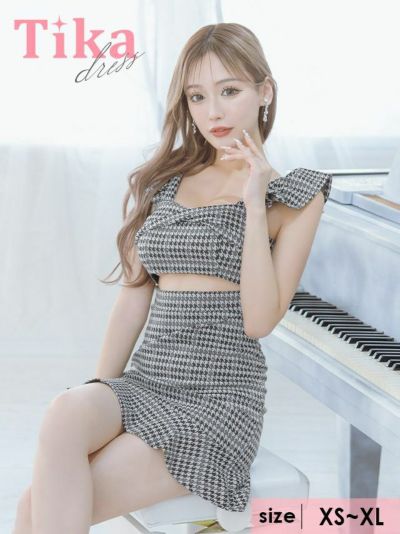 千鳥格子柄ノースリーブフリル袖バストクロスウ...
