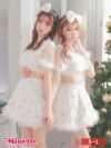 仮装 変装 コスチューム クリスマス　myMinette マイミネット サンタコス 3点set クロス ネック リボン へそ出し 袖あり セットアップ フレアスカート ふわふわ スパンコール スノウ サンタ コスプレ