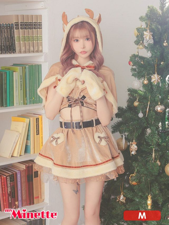 仮装 変装 コスチューム クリスマス myMinette マイミネット サンタコス 5点set へそ出し ケープ付き セットアップ ドットチュール フレアスカート セクシー トナカイ アニマル サンタ コスプレ