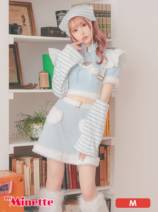 仮装 変装 コスチューム クリスマス myMinette マイミネット サンタコス 4点set もこもこ ファー ストライプ キティ 袖あり へそ出し セットアップ 猫 アニマル サンタ コスプレ